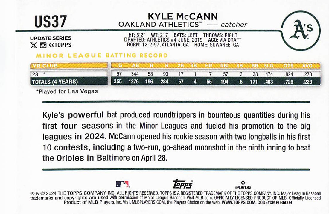 2024 Topps Update Baseball Rainbow Foil Kyle McCann #US37 Rookie