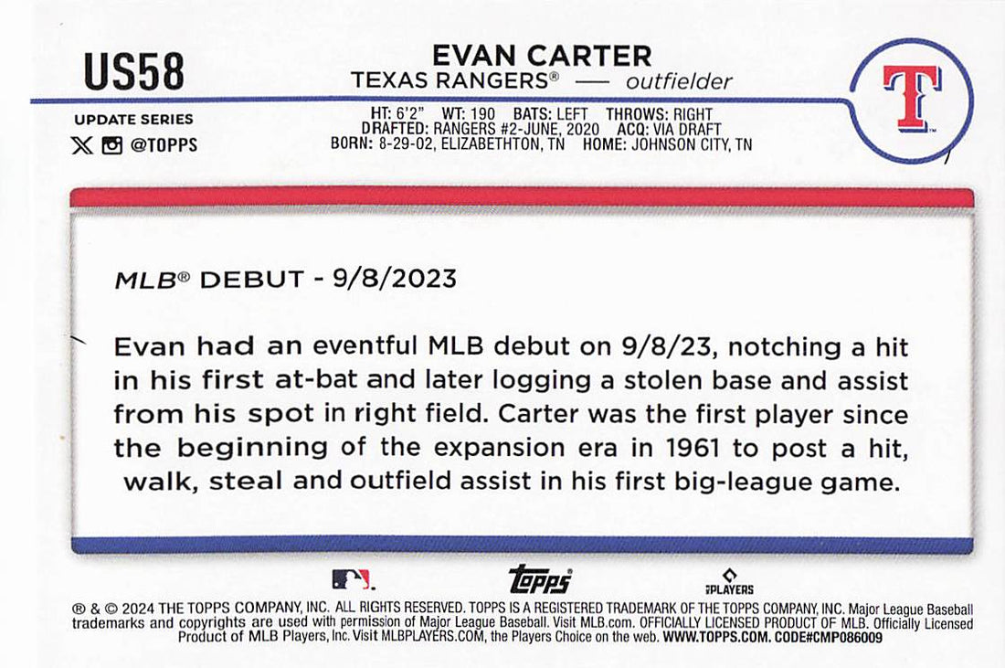 2024 Topps Update Baseball Rainbow Foil Evan Carter #US58