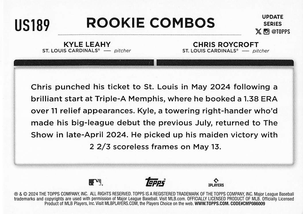 2024 Topps Update Baseball Rainbow Foil Kyle Leahy / Chris Roycroft RCOM #US189