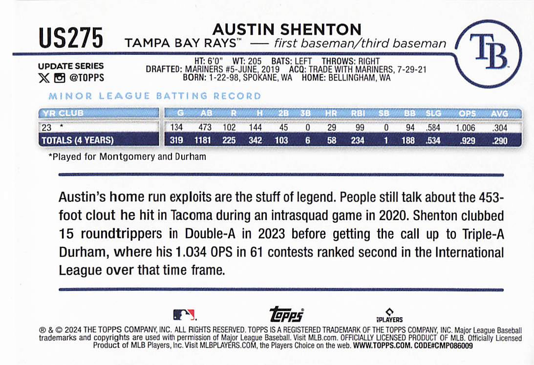 2024 Topps Update Baseball Rainbow Foil Austin Shenton #US275 Rookie