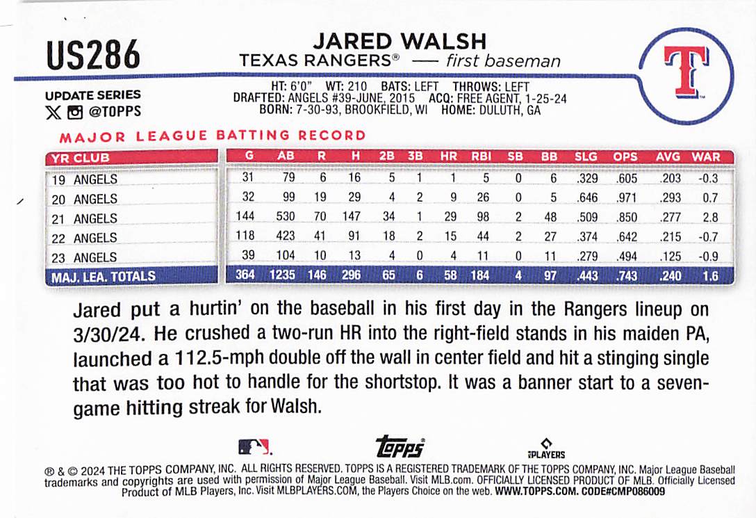 2024 Topps Update Baseball Rainbow Foil Jared Walsh #US286