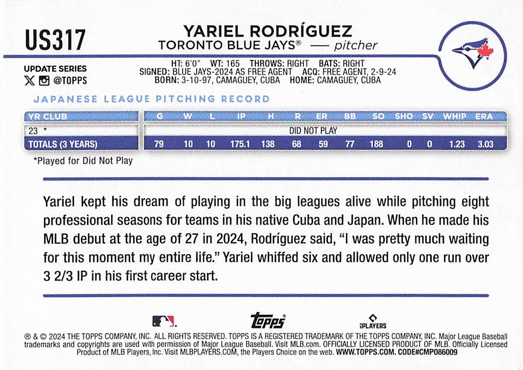 2024 Topps Update Baseball Rainbow Foil Yariel Rodríguez #US317 Rookie