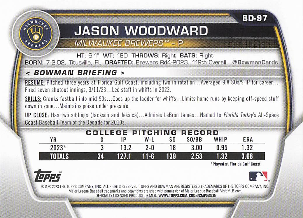 2023 Bowman Draft Baseball Sky Blue 161/499 Jason Woodward #BD-97
