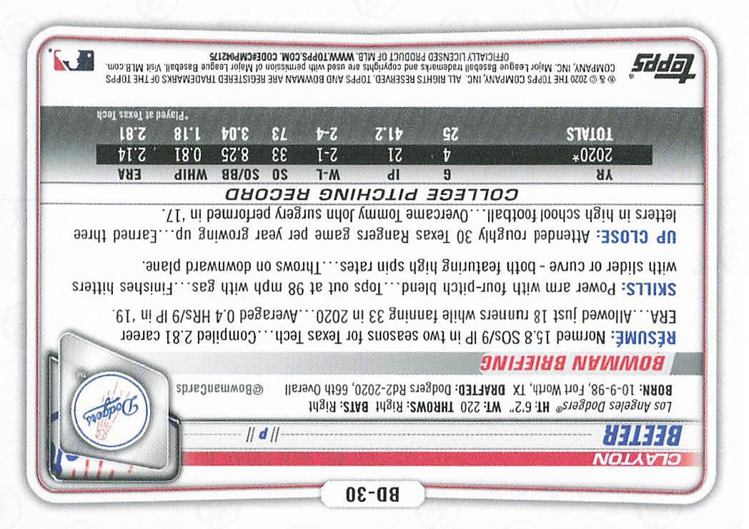 2020 Bowman Draft Baseball Sky Blue 195/499 Clayton Beeter #BD-30