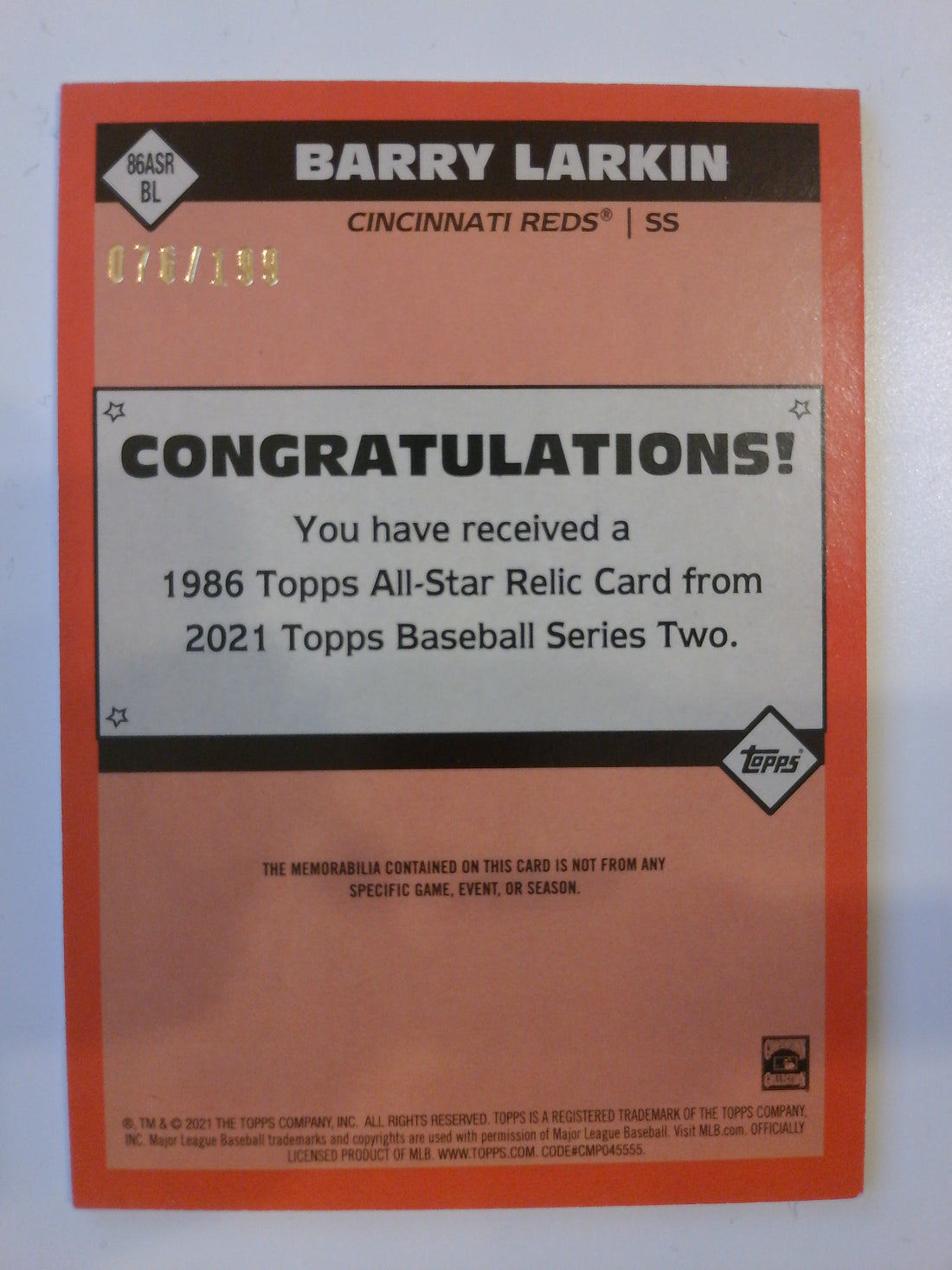 2021 Topps Basebal All-Stars Relics Black 076/199 Barry Larkin #86ASR-BL