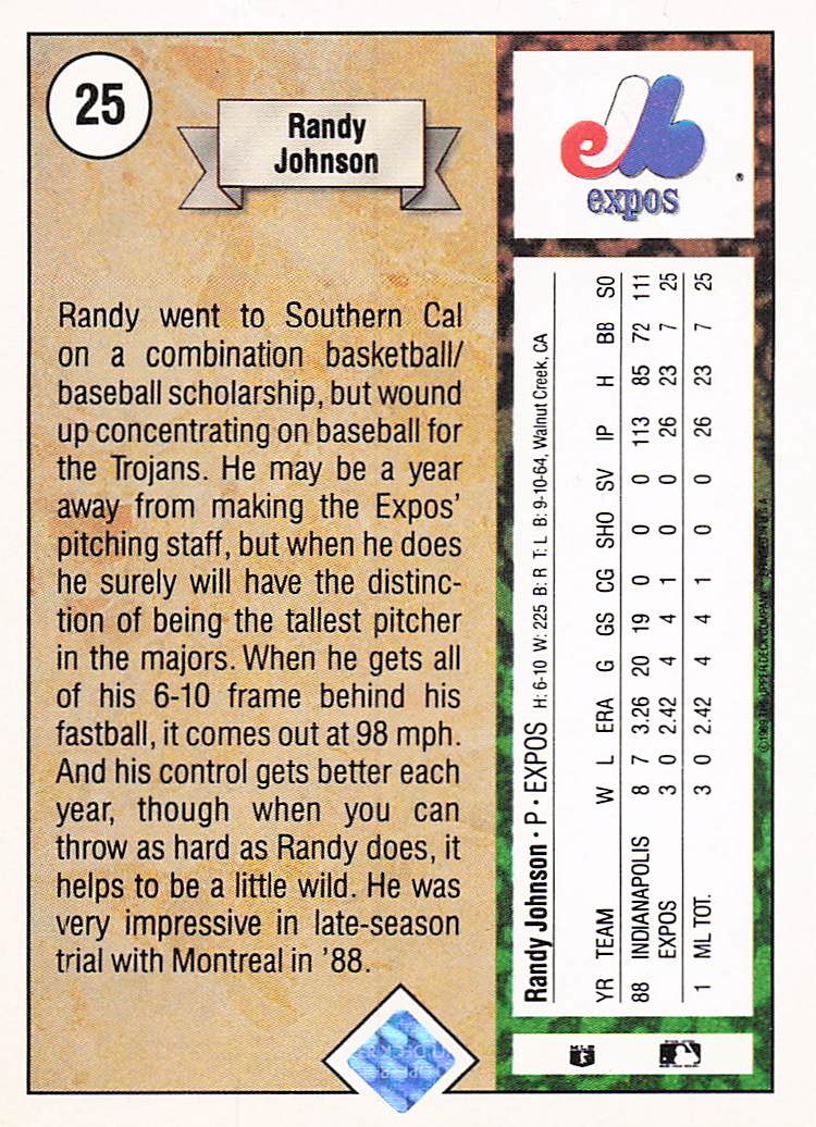 1989 Upper Deck Baseball Randy Johnson #25 Rookie