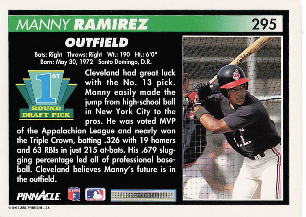 1992 Pinnacle Baseball Manny Ramirez #295 Rookie