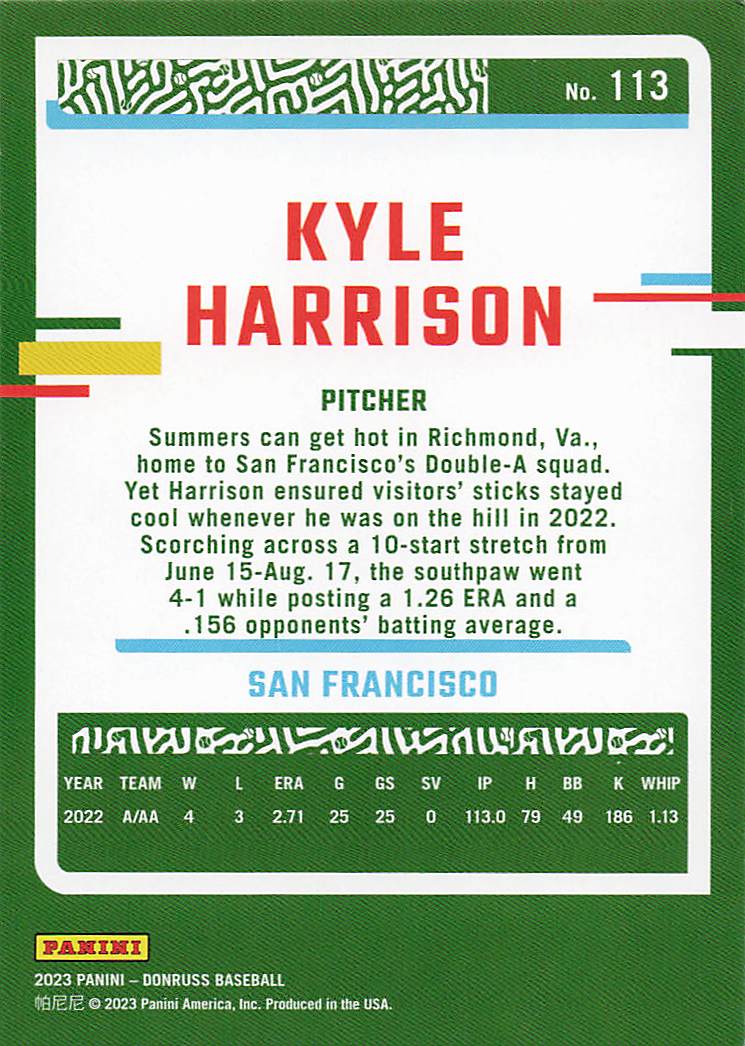 2023 Donruss Baseball Holo Blue Kyle Harrison #113