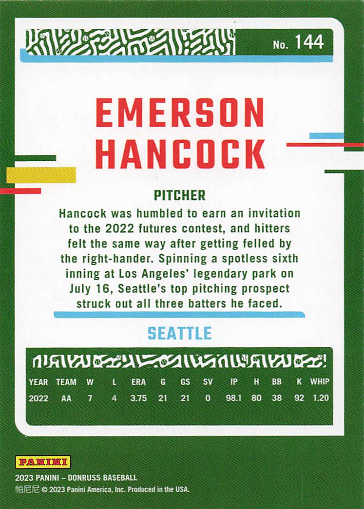 2023 Donruss Baseball Holo Blue Emerson Hancock #144