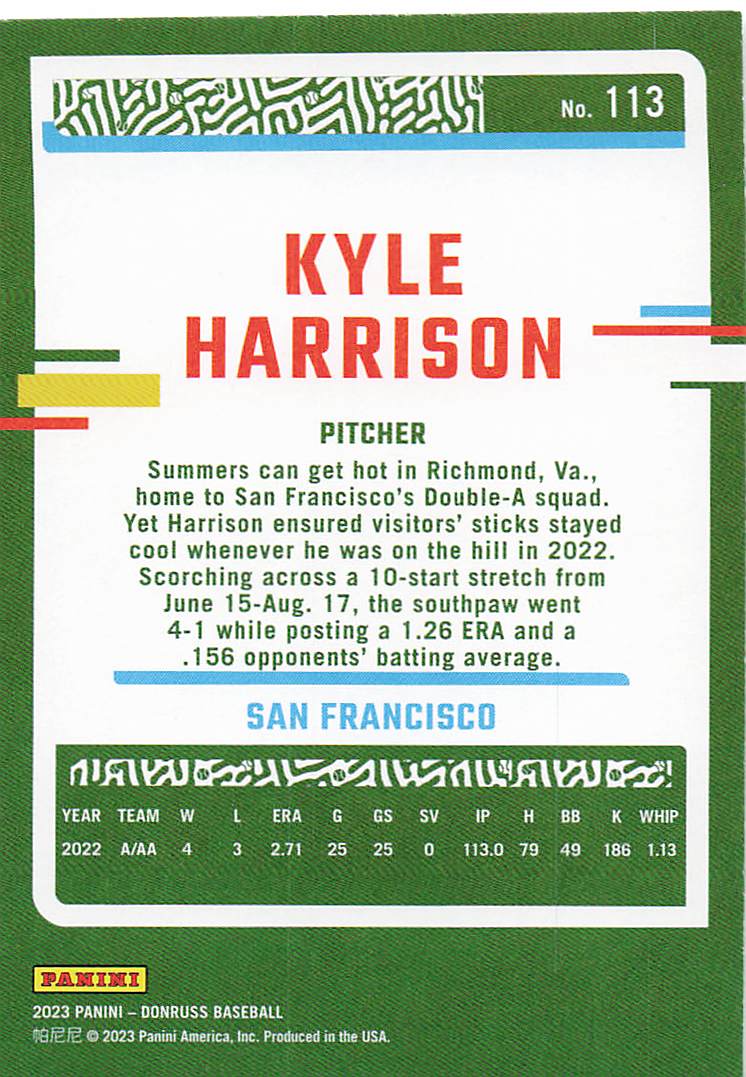 2023 Donruss Baseball Kyle Harrison #113
