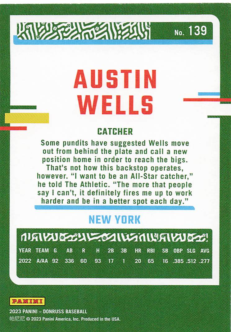 2023 Donruss Baseball Season Stat Line Austin Wells #139