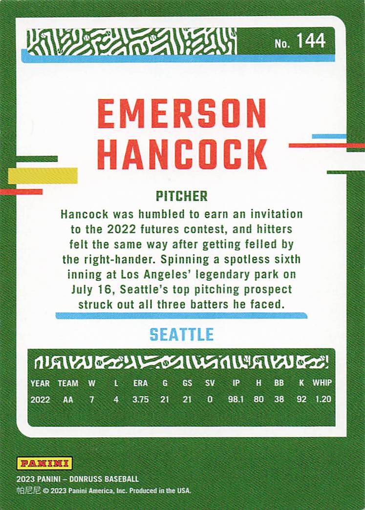 2023 Donruss Baseball Emerson Hancock #144