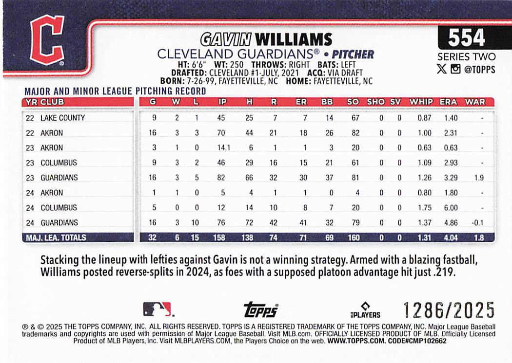 2025 Topps Baseball Gold 1286/2025 Gavin Williams #554