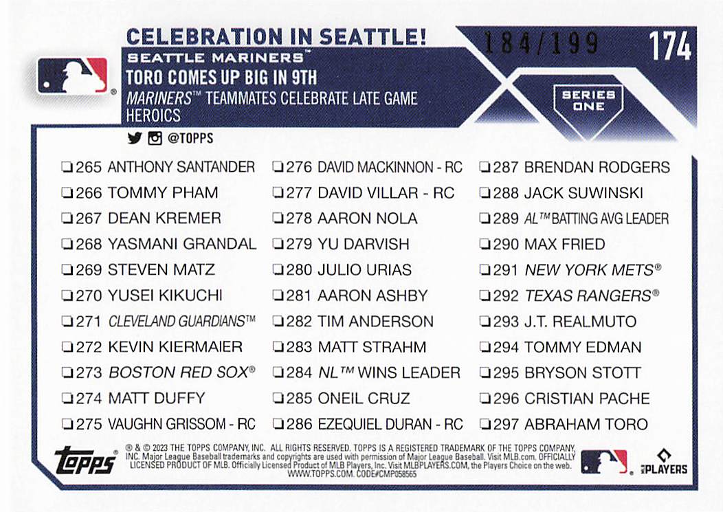 2023 Topps Baseball Orange Foil 184/199 Celebration in Seattle! #174