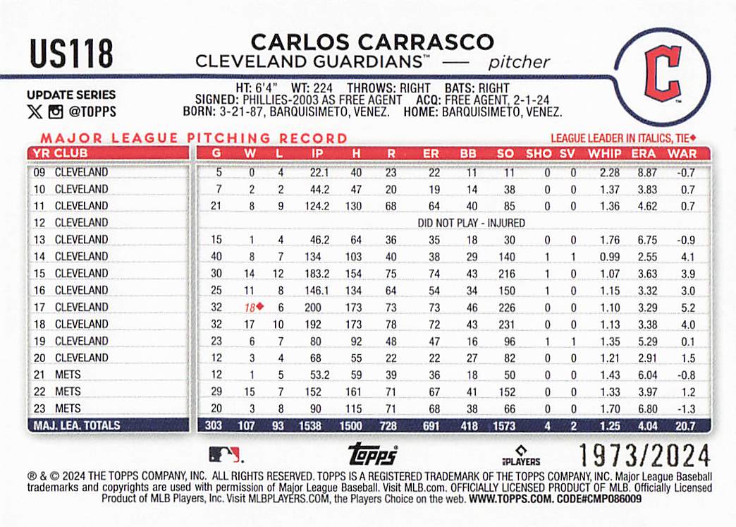 2024 Topps Update Baseball Gold 1973/2024 Carlos Carrasco #US118
