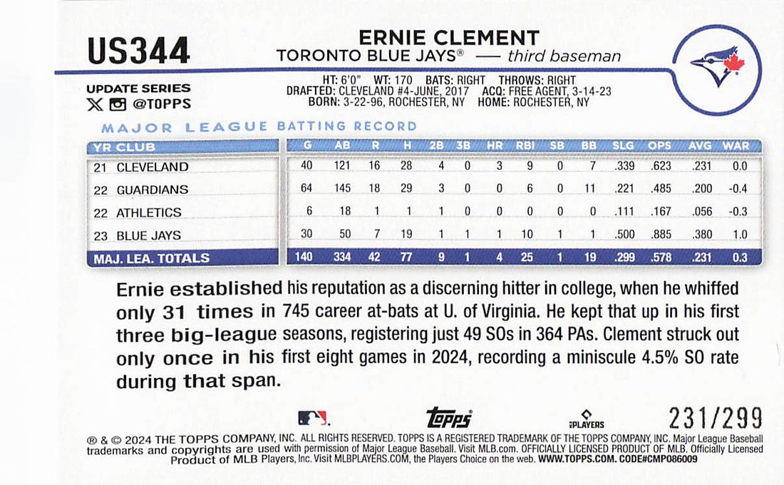 2024 Topps Update Baseball Orange Crackle Foilboard 231/299 Ernie Clement #US344