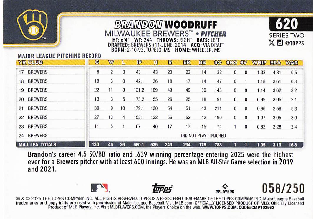2025 Topps Baseball Purple Rainbow Foil 058/250 Brandon Woodruff #620