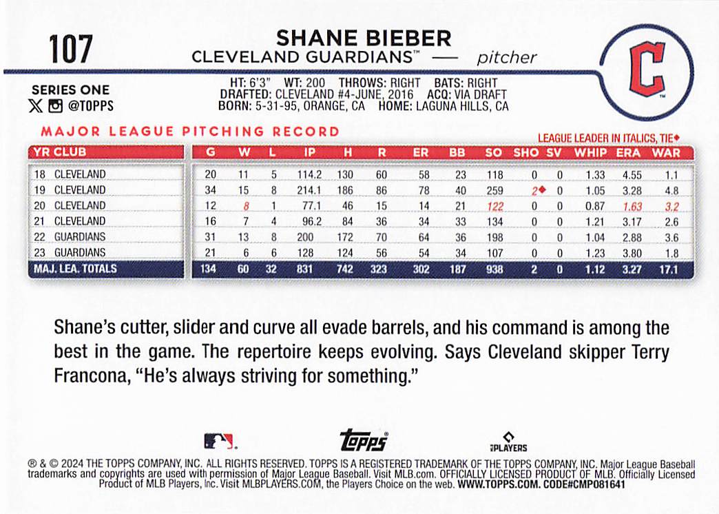 2024 Topps Baseball Holiday Eggs Shane Bieber #107