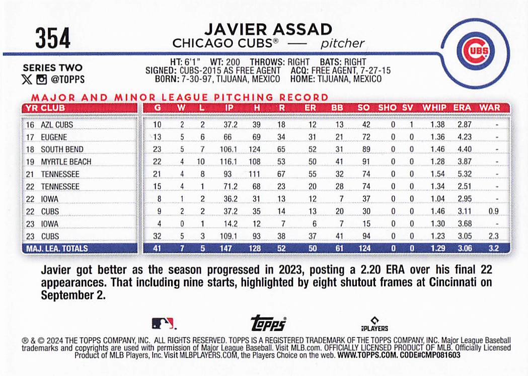 2024 Topps Baseball Holiday Statue of Liberty Javier Assad #354