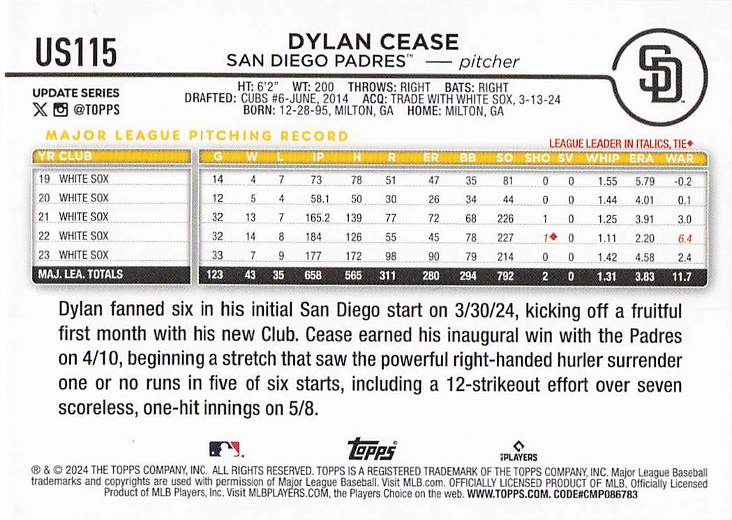 2024 Topps Update Baseball Holiday Dylan Cease #US115