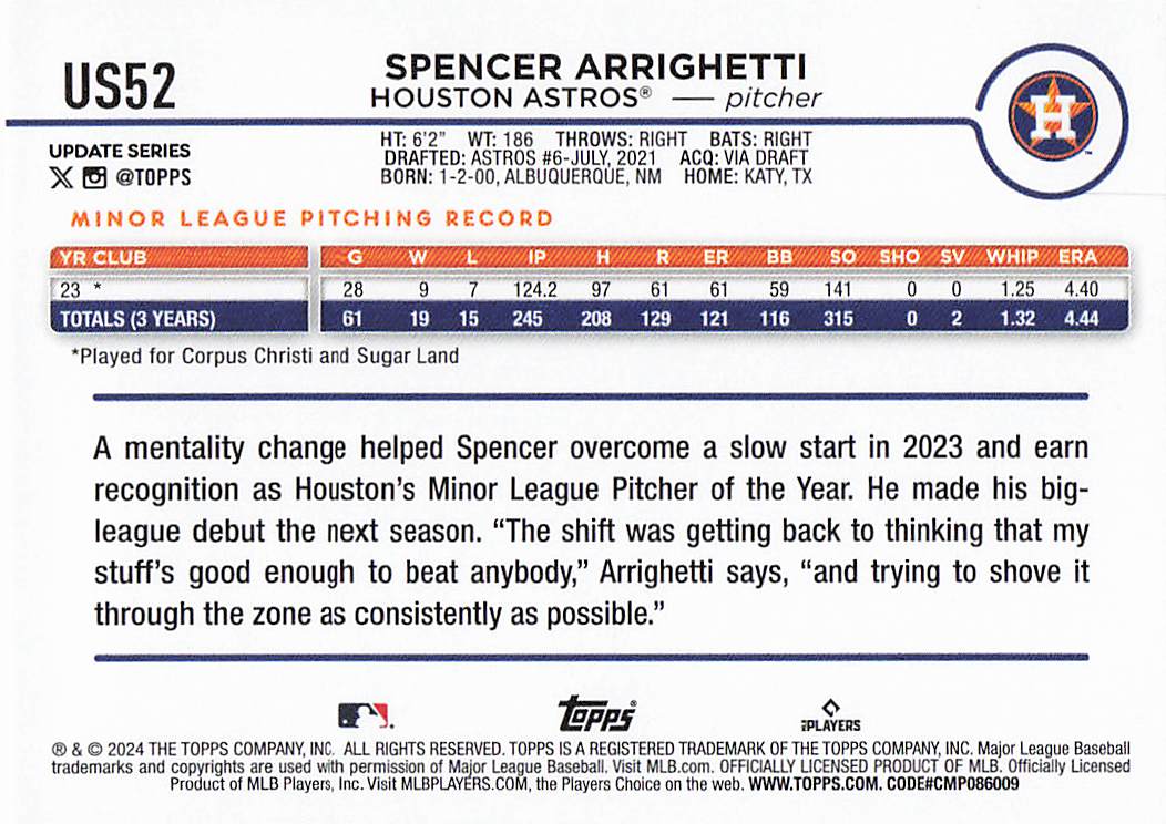 2024 Topps Update Baseball Spencer Arrighetti #US52 Rookie