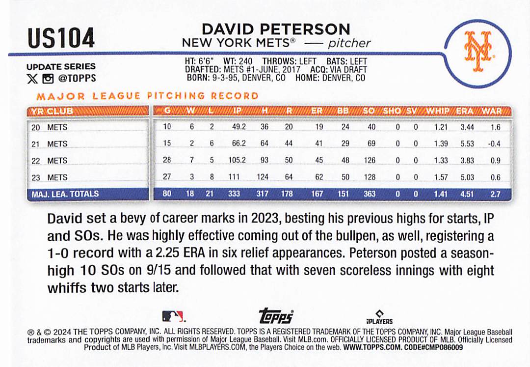 2024 Topps Update Baseball David Peterson #US104