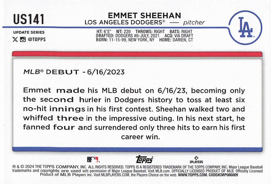 2024 Topps Update Baseball Emmet Sheehan #US141