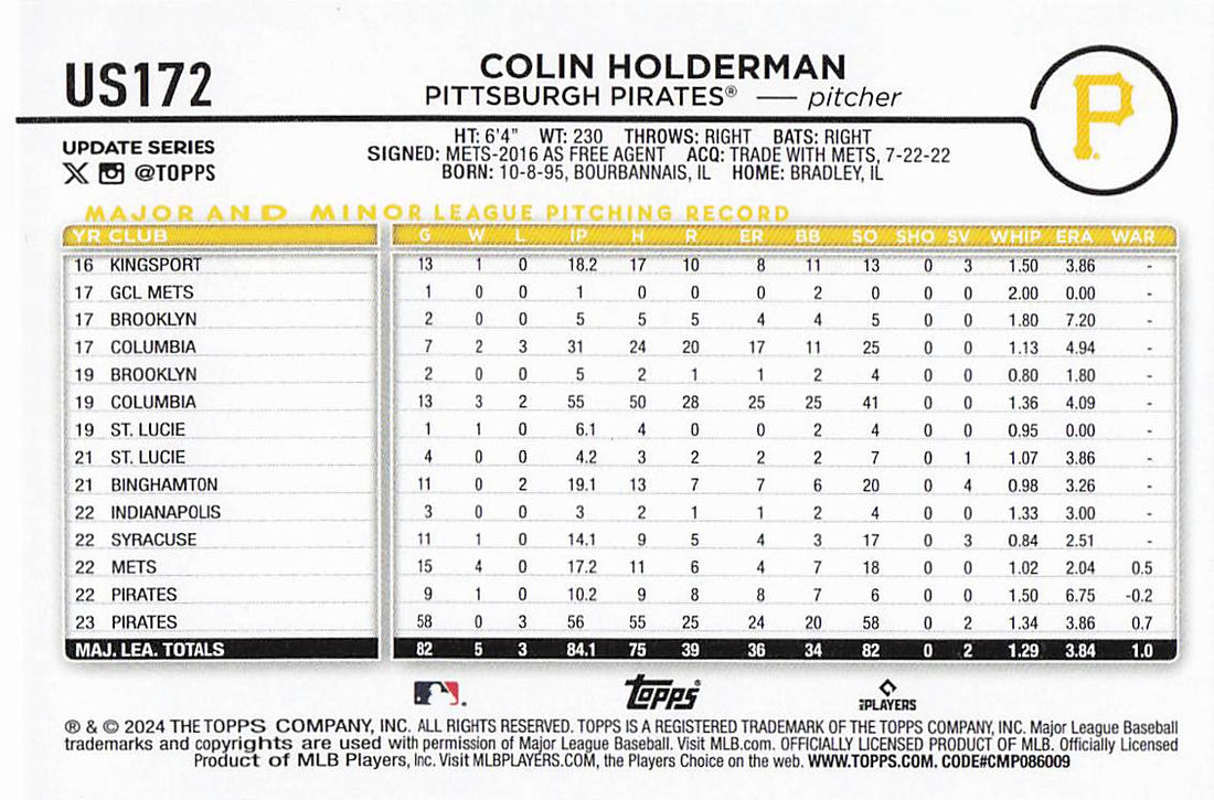 2024 Topps Update Baseball Colin Holderman #US172