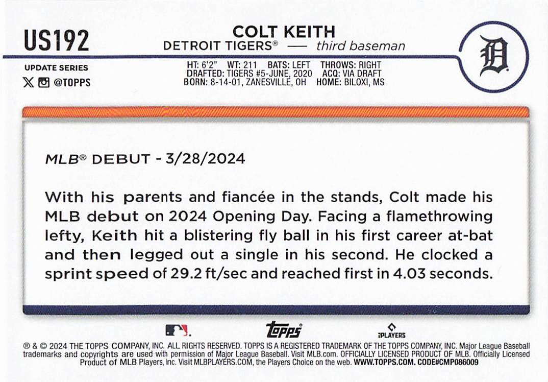 2024 Topps Update Baseball Colt Keith #US192