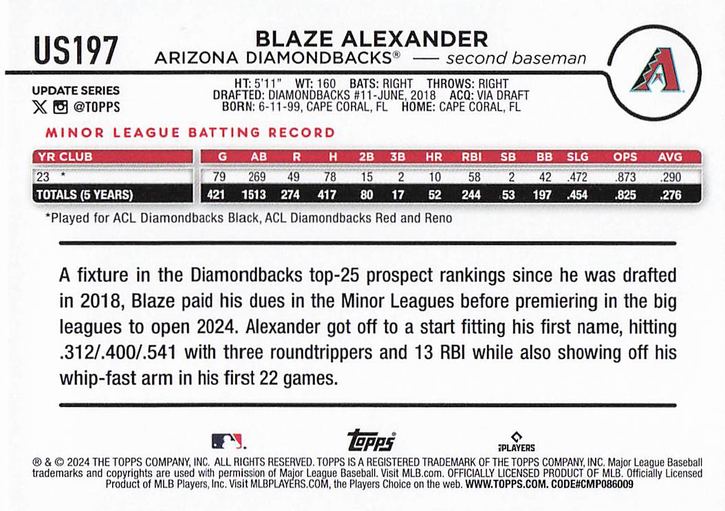 2024 Topps Update Baseball Blaze Alexander #US197 Rookie