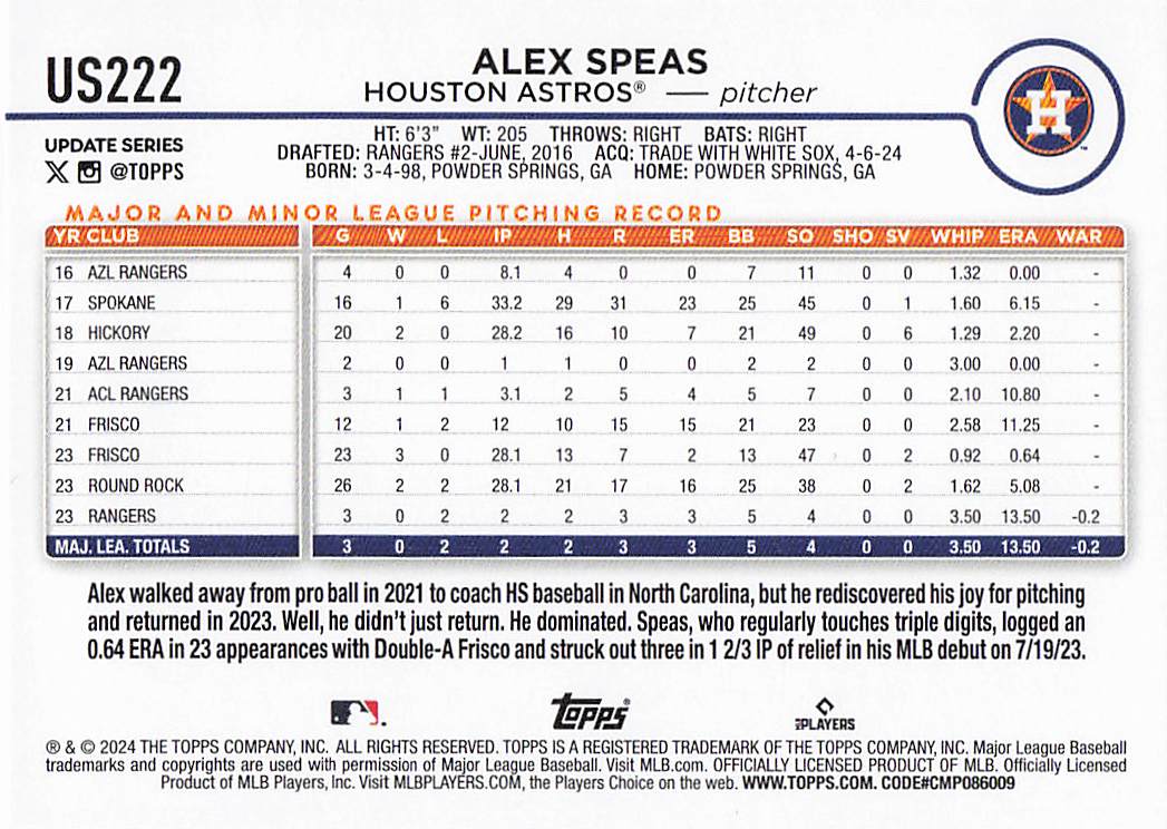 2024 Topps Update Baseball Alex Speas #US222 Rookie