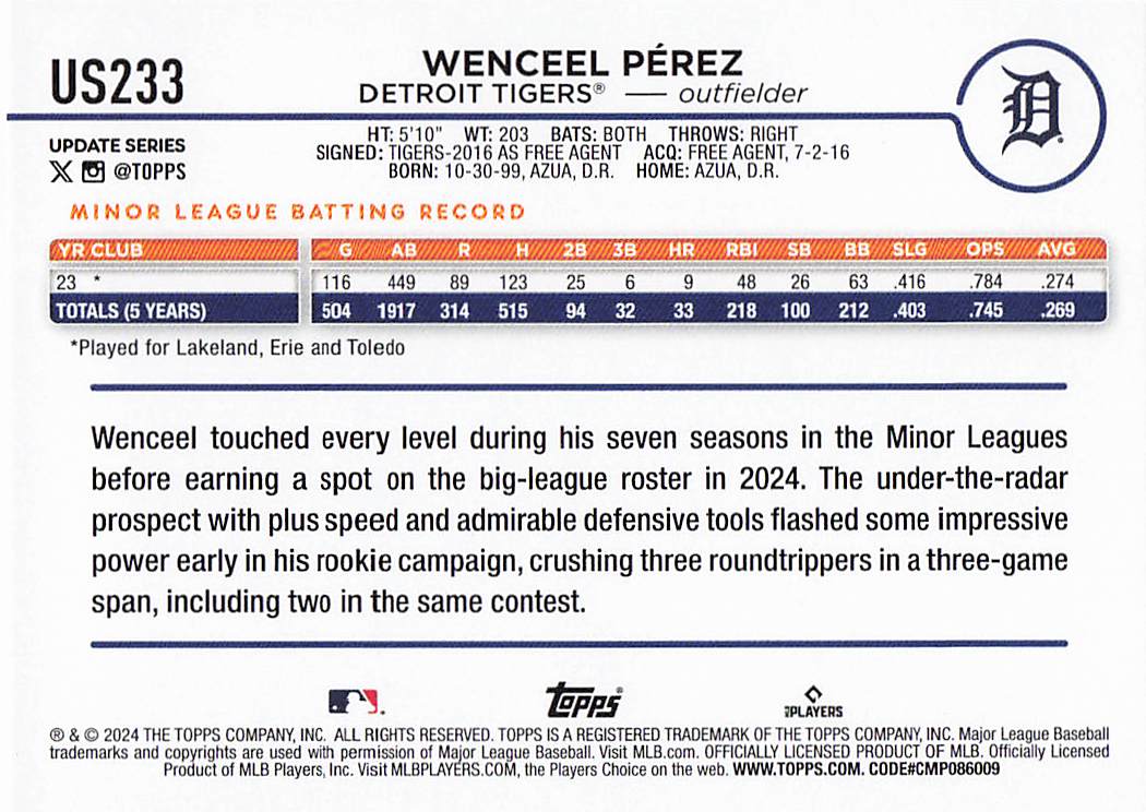 2024 Topps Update Baseball Wenceel Perez #US233 Rookie