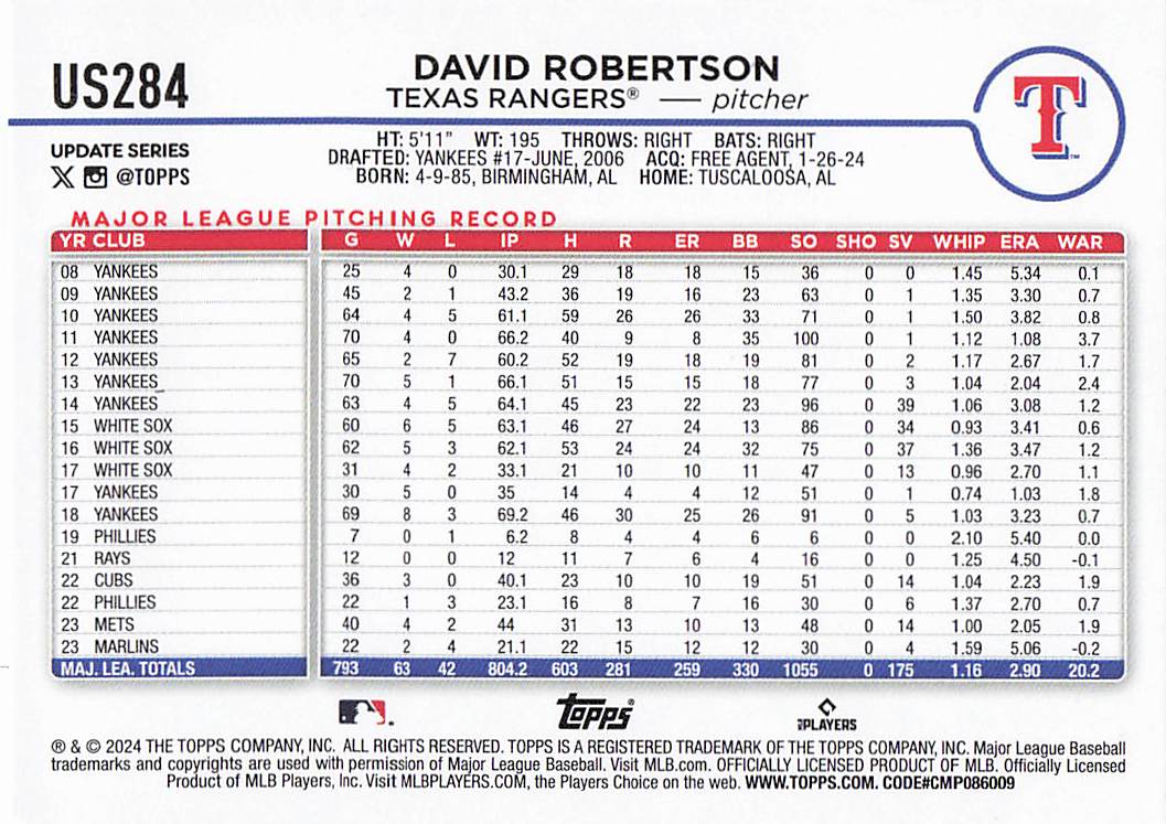 2024 Topps Update Baseball David Robertson #US284