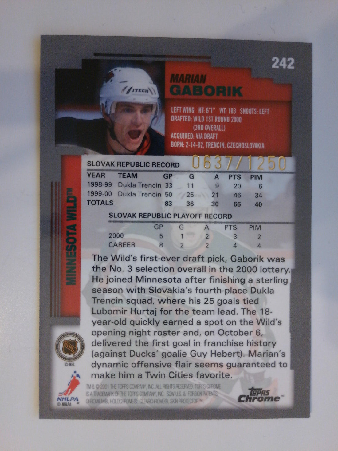 2000-01 Topps Chrome Hockey 0637/1250 Marian Gaborik #242 Rookie