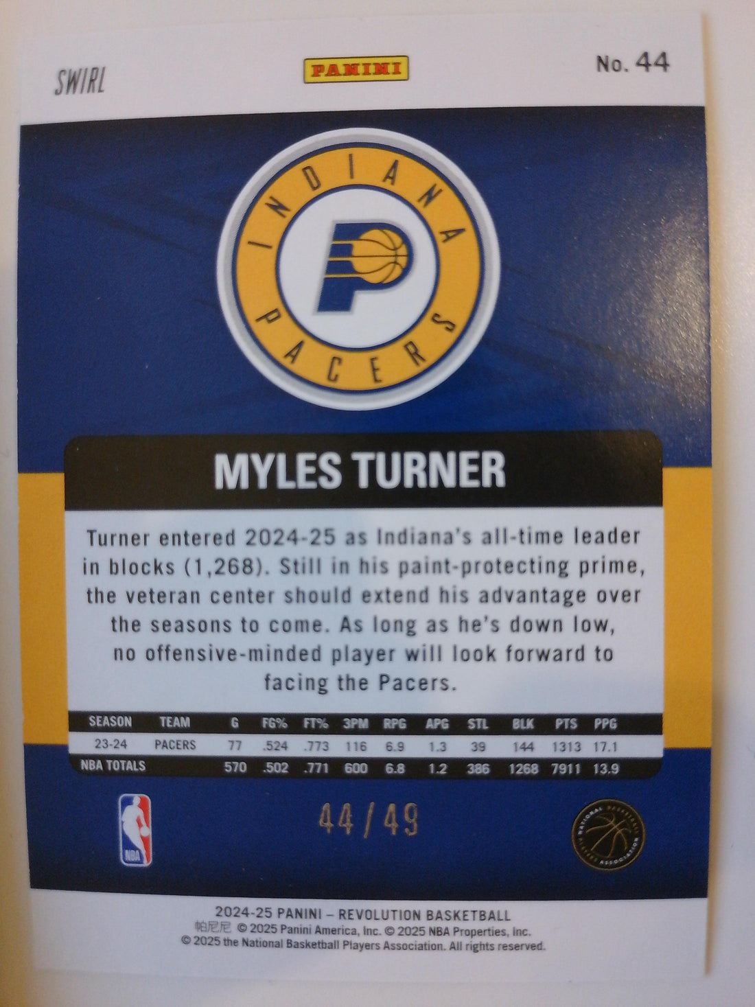 2024-25 Panini Revolution Basketball Teal Swirl 44/49 Myles Turner #44