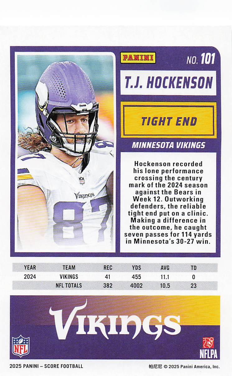 2025 Score Football T.J. Hockenson #101