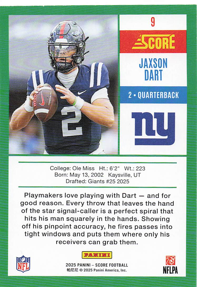 2025 Score Football Anniversary Rookies Jaxson Dart #9