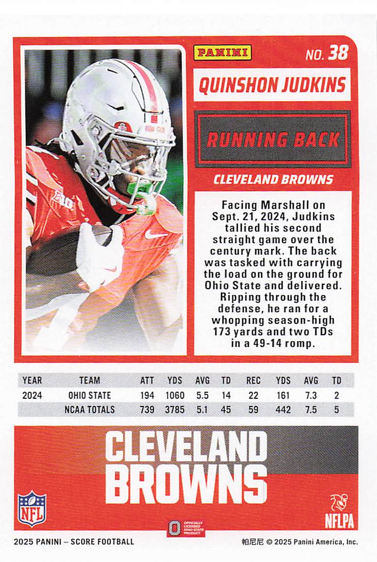 2025 Score Football Quinshon Judkins #38 Rookie