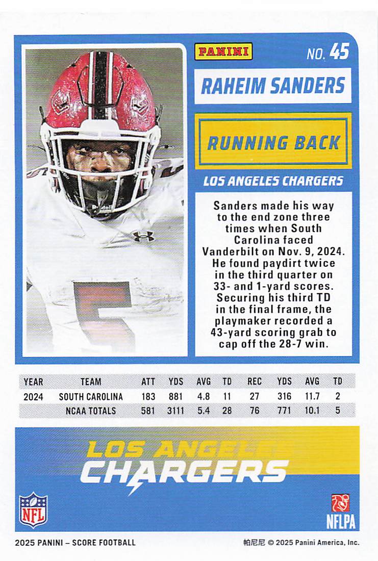 2025 Score Football Raheim Sanders #45 Rookie