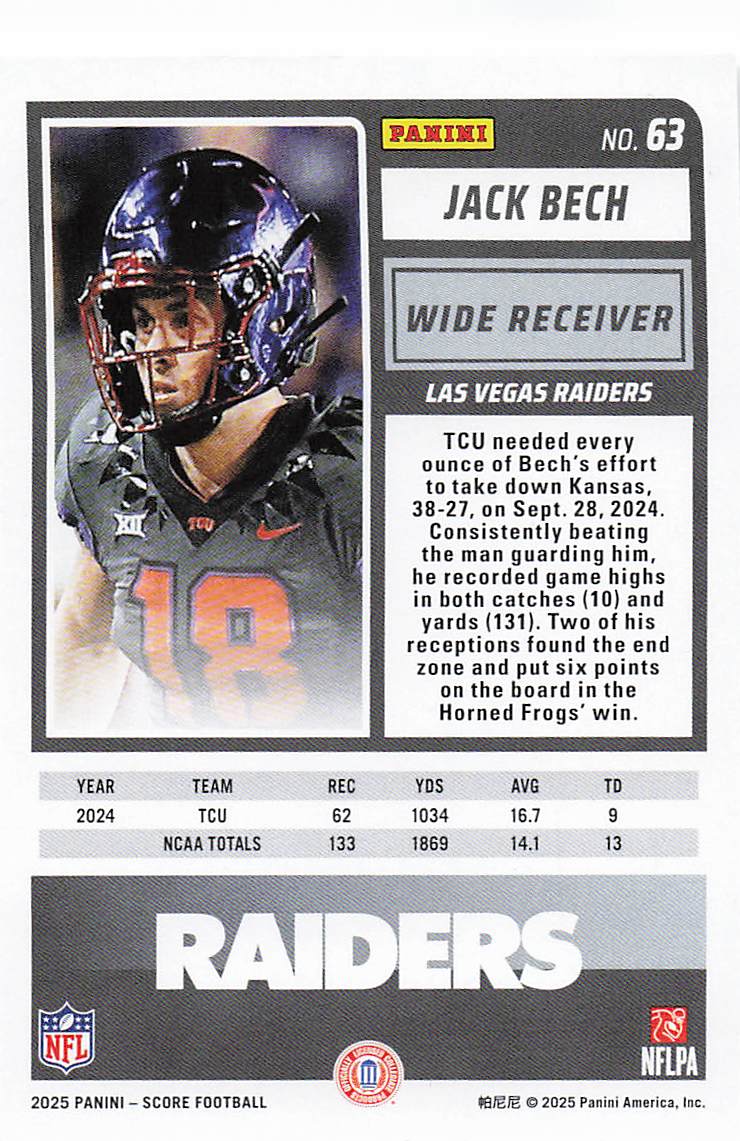 2025 Score Football Jack Bech #63 Rookie