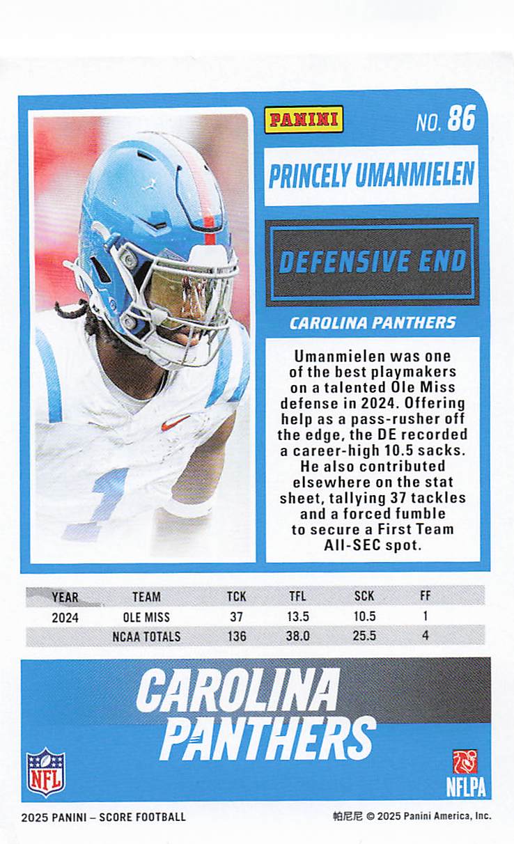 2025 Score Football Princely Umanmielen #86 Rookie