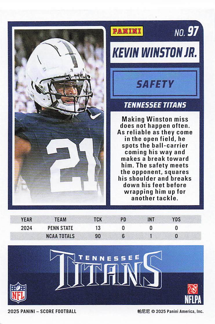 2025 Score Football Kevin Winston Jr. #97 Rookie