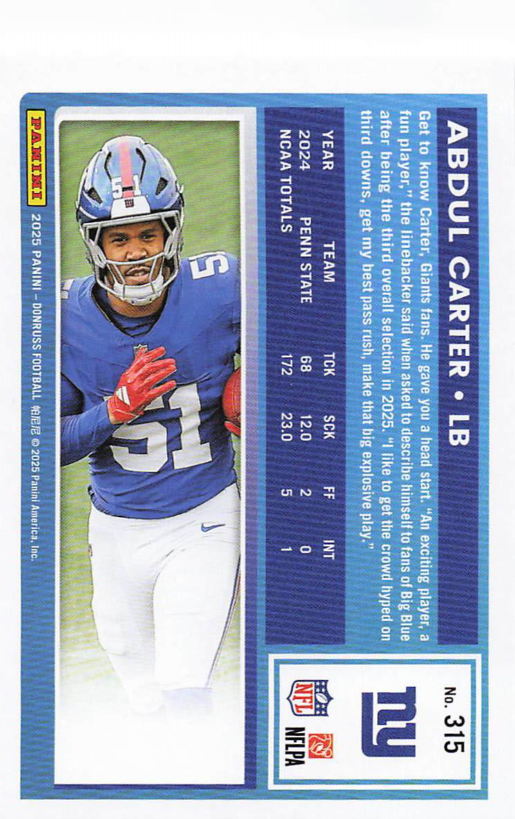 2025 Donruss Football Abdul Carter #315 Rookie