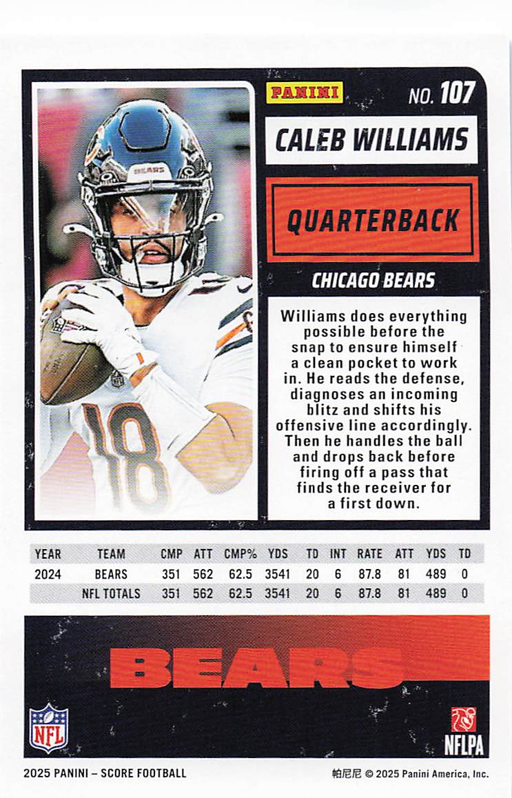 2025 Score Football Stars 428/499 Caleb Williams #107