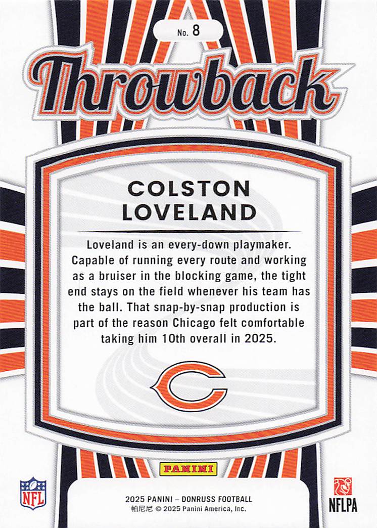 2025 Donruss Football Rated Rookies Throwback Colston Loveland #8