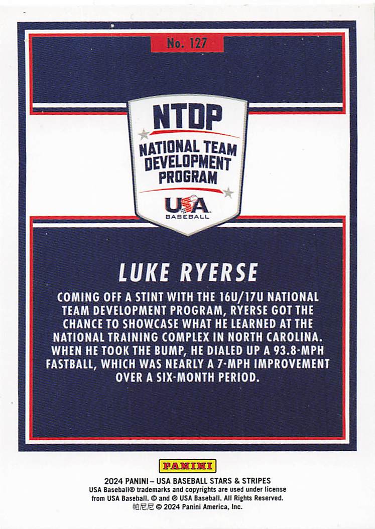 2024 Panini Stars & Stripes USA Baseball Baseball Green Luke Ryerse #127