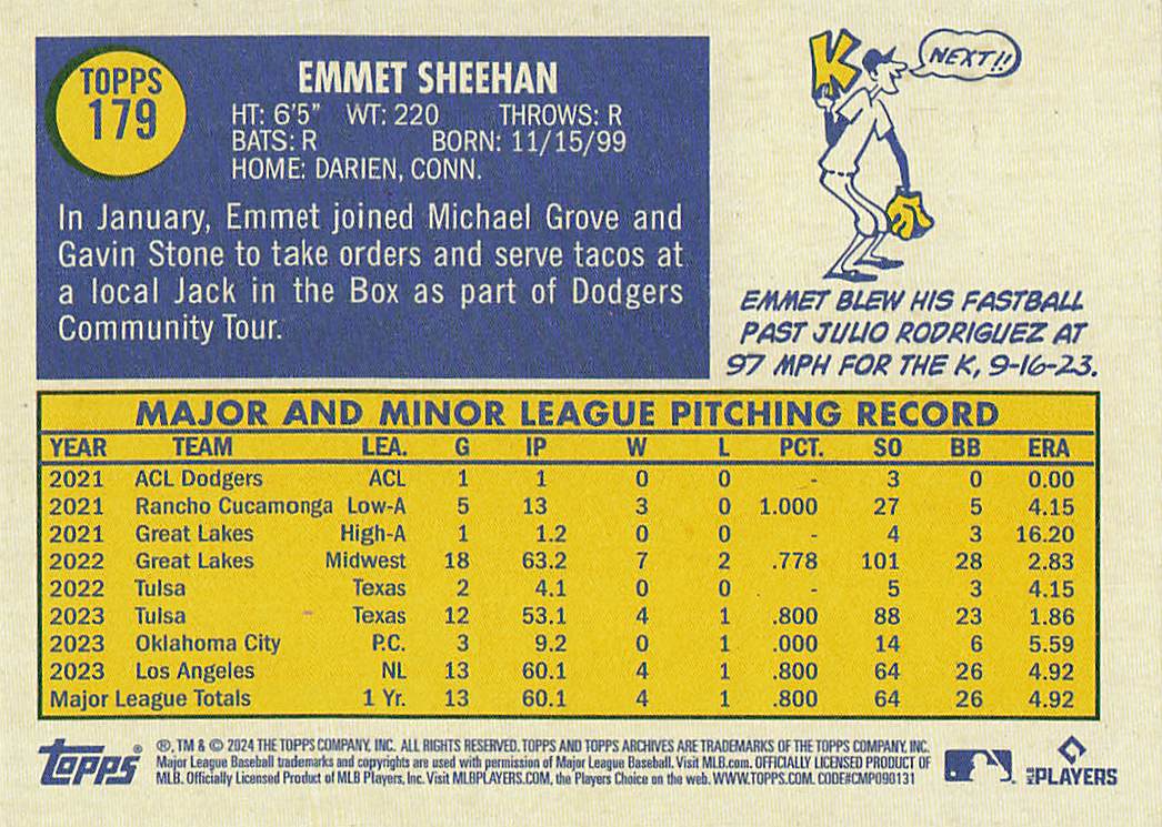 2024 Topps Archives Baseball Emmet Sheehan #179 Rookie