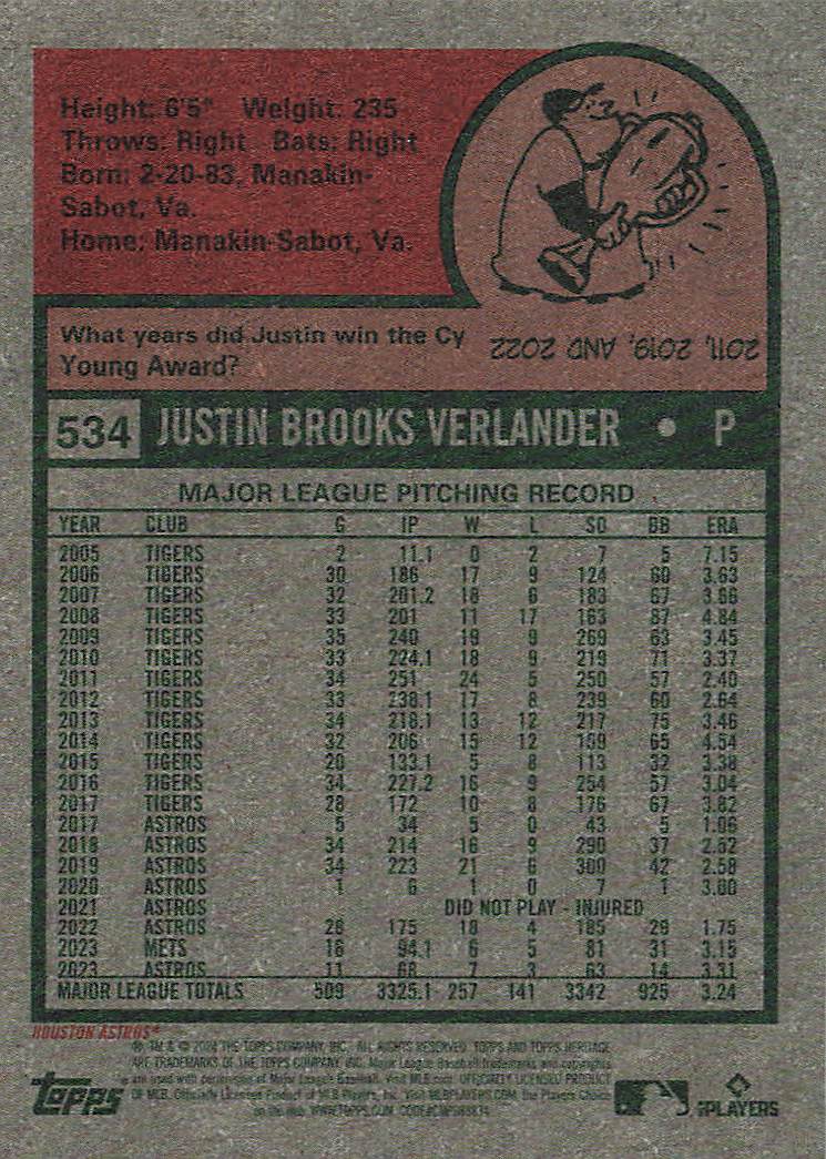2024 Topps Heritage Baseball Justin Verlander #534
