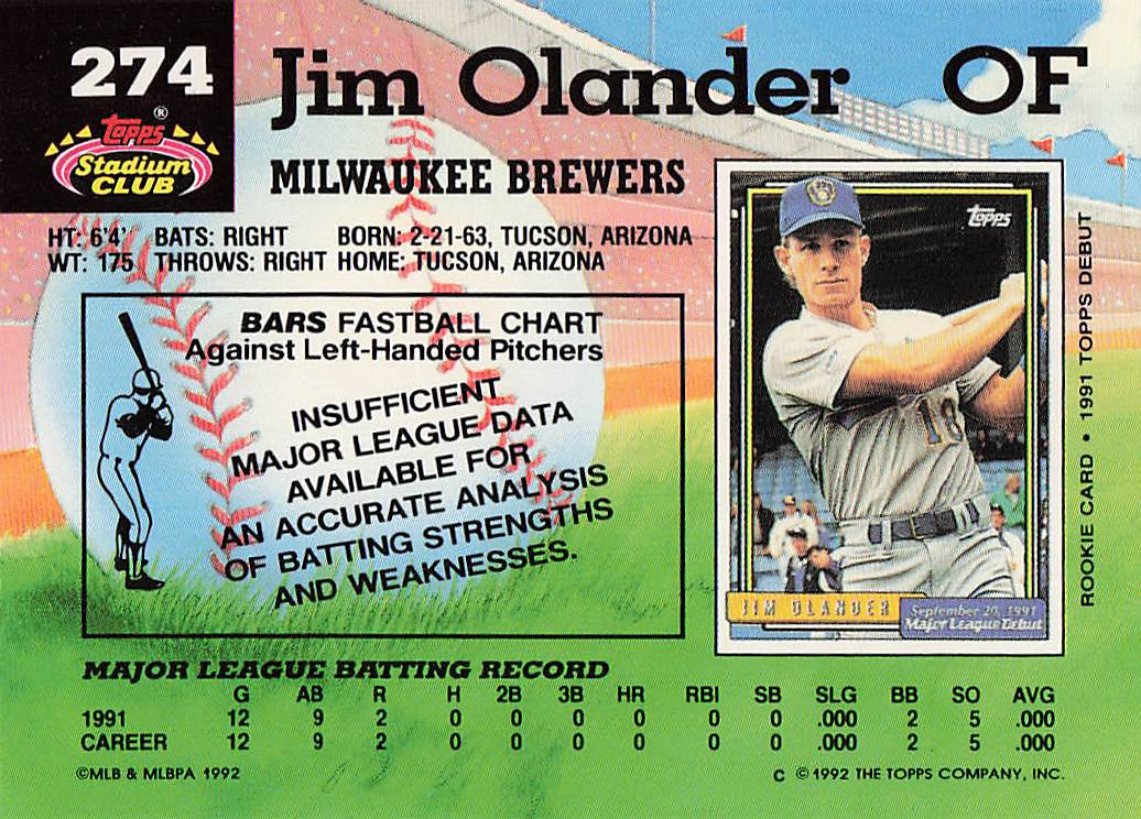 1992 Stadium Club Baseball Jim Olander #274 Rookie