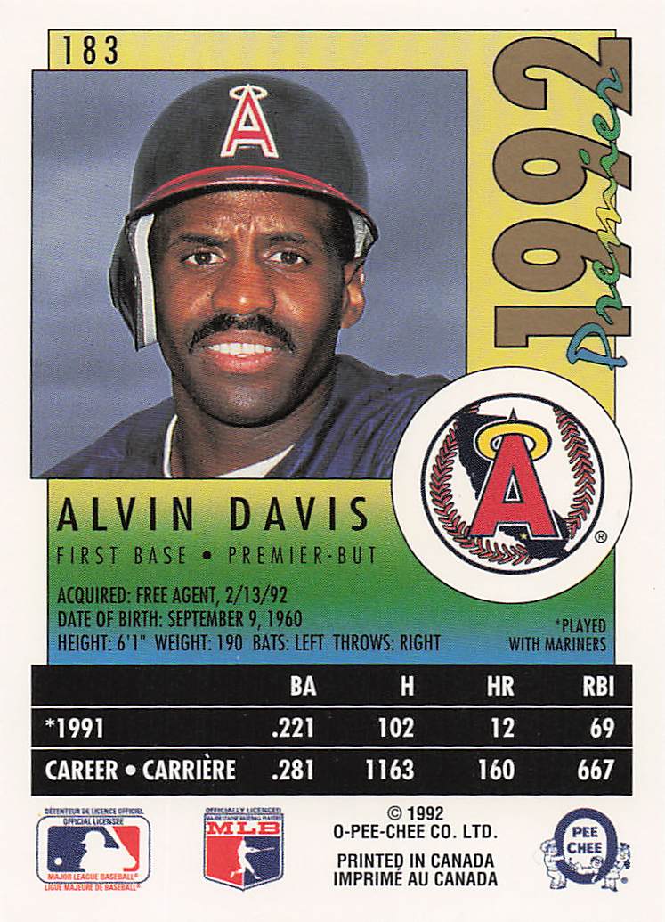 1992 O-Pee-Chee Premier Baseball Alvin Davis #183